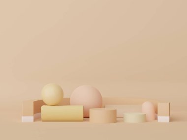 Model ve ürün sunumu için 3D minimal podyum tasarımı. Pastel renk sahneli yaya sahnesi. Moda tasarımı