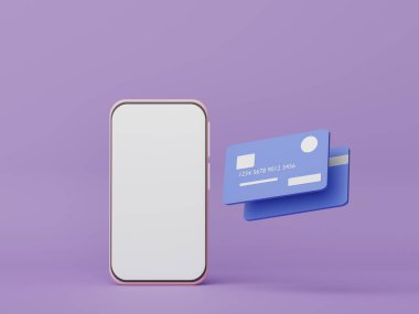 3D Minimal mini cep telefonu ya da kredi kartlı akıllı telefon. Para, finansal planlamayı içerir. İnternetten alışveriş. Servet yönetimi imtiyazları. Nakitsiz toplum