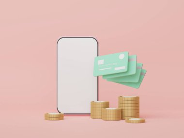3D Minimal mini cep telefonu ya da kredi kartlı akıllı telefon. Para, finansal planlamayı içerir. İnternetten alışveriş. Servet yönetimi imtiyazları. Nakitsiz toplum