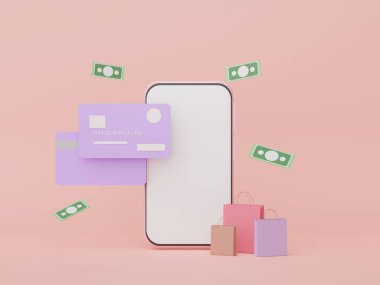 3D Minimal mini cep telefonu ya da kredi kartlı akıllı telefon. Para, finansal planlamayı içerir. İnternetten alışveriş. Servet yönetimi imtiyazları. Nakitsiz toplum
