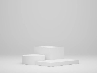 Model ve ürün sunumu için 3D minimal podyum tasarımı. Beyaz mermer renkli yaya sahnesi. Moda tasarımı