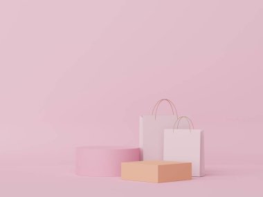 Model ve ürün sunumu için 3D minimal podyum tasarımı. Pastel renk sahneli yaya sahnesi. Moda tasarımı