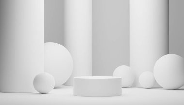 Model ve ürün sunumu için 3D minimal podyum tasarımı. Beyaz mermer renkli yaya sahnesi. Moda tasarımı