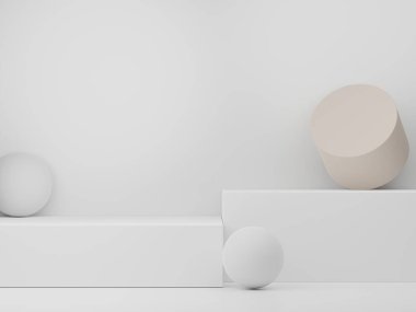 Model ve ürün sunumu için 3D minimal podyum tasarımı. Beyaz mermer renkli yaya sahnesi. Moda tasarımı