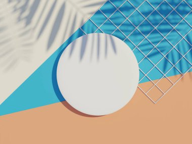 3d beyaz boş silindir çerçeve üst görünümü maket ve ürün görüntüleme palmiye yaprakları gölgeleri ve toprak ton arka plan. Yaratıcı fikir kavramı.