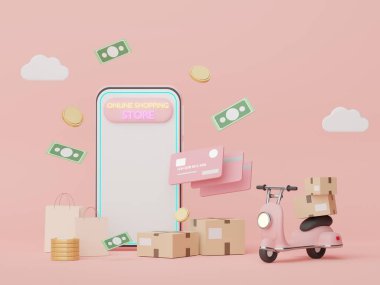 3D Minimal mini cep telefonu ya da kredi kartlı akıllı telefon. Para, finansal planlamayı içerir. İnternetten alışveriş. Servet yönetimi imtiyazları. Nakitsiz toplum