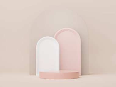 Model ve ürün sunumu için 3D minimal podyum tasarımı. Pastel renk sahneli yaya sahnesi. Moda tasarımı