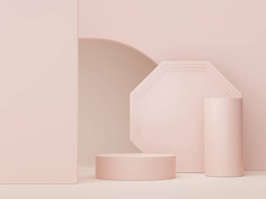 Model ve ürün sunumu için 3D minimal podyum tasarımı. Pastel renk sahneli yaya sahnesi. Moda tasarımı