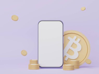 3D render Minimal mini cep telefonu veya akıllı telefon beyaz kopya alanı ve kripto para birimi bitcoin ile çalışmak için model ve web pankartı.