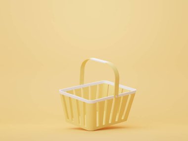 Pastel arka planda 3 boyutlu boş sarı alışveriş sepeti. Alışveriş arabası.