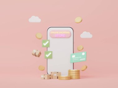 3D Minimal mini cep telefonu ya da kredi kartlı akıllı telefon. Para, finansal planlamayı içerir. İnternetten alışveriş. Servet yönetimi imtiyazları. Nakitsiz toplum