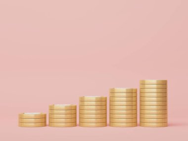 Altın sikkelerin 3D kopyası gol konsepti için biriktiriliyor. Asgari pastel sahne. Büyüme finansal modeli