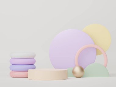 Model ve ürün sunumu için 3D minimal podyum tasarımı. Pastel renk sahneli yaya sahnesi. Moda tasarımı