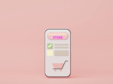 3D render minimal cep telefonu veya akıllı telefon. Para, finansal planlamayı içerir. İnternetten alışveriş. Servet yönetimi imtiyazları. Akıllı telefondan başvuru mağazası.