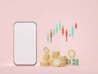 3D mini cep telefonu ya da akıllı telefonu beyaz fotokopi alanı ve kripto para birimi bitcoin ile çalışmak için modelle ve web afişi için hazırla. Yatırım yönetimi