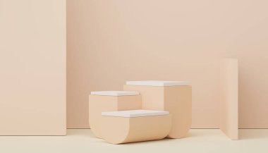 Model ve ürün sunumu için 3D minimal podyum tasarımı. Pastel renk sahneli yaya sahnesi. Moda tasarımı