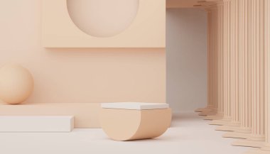 Model ve ürün sunumu için 3D minimal podyum tasarımı. Pastel renk sahneli yaya sahnesi. Moda tasarımı