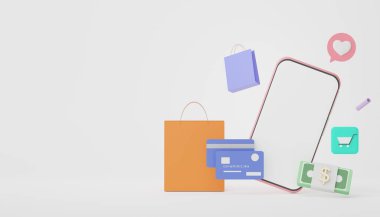 3D Minimal mini cep telefonu ya da kredi kartlı akıllı telefon. Para, finansal planlamayı içerir. İnternetten alışveriş. Servet yönetimi imtiyazları. Nakitsiz toplum