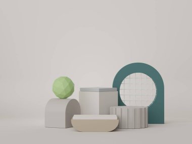 Model ve ürün sunumu için 3D minimal podyum tasarımı. Pastel renk sahneli yaya sahnesi. Moda tasarımı