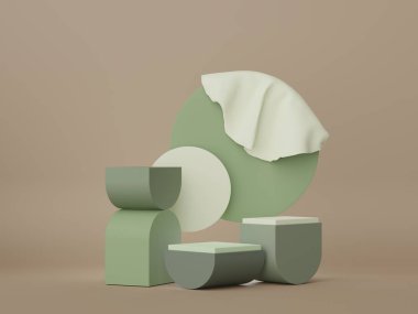 Model ve ürün sunumu için metalik kumaş tasarımlı 3D minimal ekran podyumu. Pastel renk sahneli yaya sahnesi.