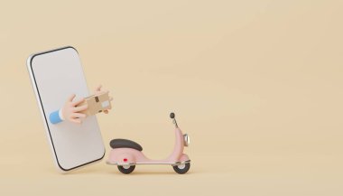 3D render minimal cep telefonu veya akıllı telefon beyaz fotokopi alanı ile çalışmak için model ve yaratıcı tasarım için. Pastel arka planda mini Scooter paketi teslimatı.