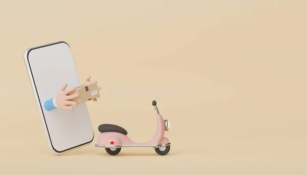 3d render Minimal mini mobile phone or smartphone for work with white copy space for mock up and creative design. Online mini Scooter parcel delivery on pastel background.
