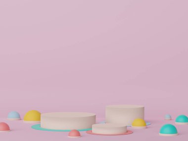 Asgari geometrik şekilleri olan soyut ekran podyumu. Model ve ürün sunumu için 3D canlandırma sahnesi. Kozmetik reklam platformu. Çeşitli basit kemer şekilleri.