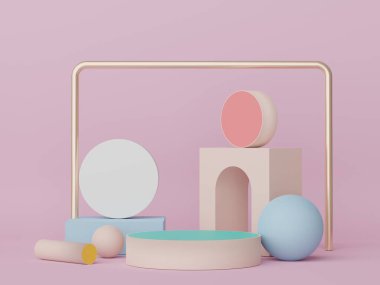 Asgari geometrik şekilleri olan soyut ekran podyumu. Model ve ürün sunumu için 3D canlandırma sahnesi. Kozmetik reklam platformu. Çeşitli basit kemer şekilleri.