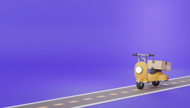 3D Mini Scooter paketini yolda ve şehirde dağıtın. İnternet afişi için çevrimiçi alışveriş tasarımı ve maket. Platform uygulama konseptinde çevrimiçi mağaza.