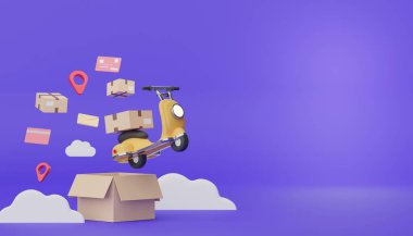 Yaratıcı tasarım ve tasarım için 3 boyutlu kahverengi karton kutular. İnternetten alışveriş konsepti. Çevrimiçi dağıtım konsepti ve pastel arka plan. Ekspres ulaşım hizmeti için ambalaj.