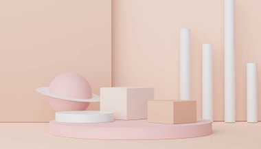 Asgari geometrik şekilleri olan soyut ekran podyumu. Model ve ürün sunumu için 3D canlandırma sahnesi. Kozmetik reklam platformu. Çeşitli basit kemer şekilleri.