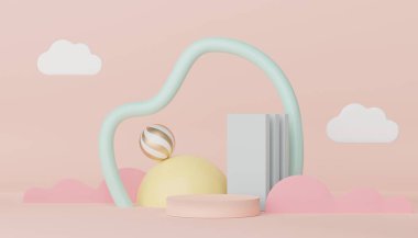 Asgari geometrik şekilleri olan soyut ekran podyumu. Model ve ürün sunumu için 3D canlandırma sahnesi. Kozmetik reklam platformu. Çeşitli basit kemer şekilleri.