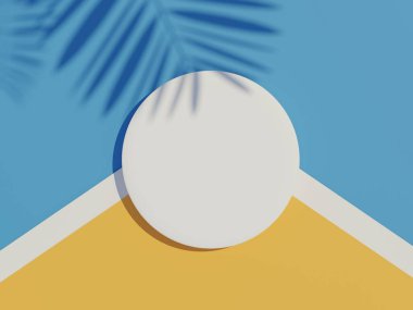 3d beyaz boş silindir çerçeve üst görünümü maket ve ürün görüntüleme palmiye yaprakları gölgeleri ve toprak ton arka plan. Yaratıcı fikir kavramı.