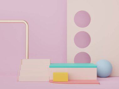 Asgari geometrik şekilleri olan soyut ekran podyumu. Model ve ürün sunumu için 3D canlandırma sahnesi. Kozmetik reklam platformu. Çeşitli basit kemer şekilleri.