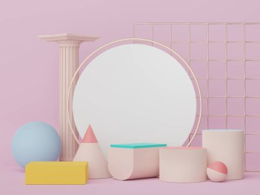 Asgari geometrik şekilleri olan soyut ekran podyumu. Model ve ürün sunumu için 3D canlandırma sahnesi. Kozmetik reklam platformu. Çeşitli basit kemer şekilleri.