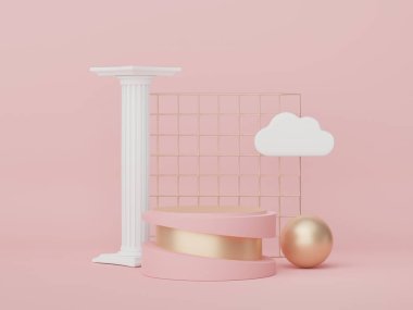 Asgari geometrik şekilleri olan soyut ekran podyumu. Model ve ürün sunumu için 3D canlandırma sahnesi. Kozmetik reklam platformu. Çeşitli basit kemer şekilleri.