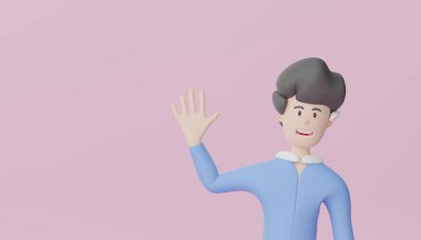 Beyaz tişörtlü, mavi kotlu ve siyah spor ayakkabılı üç boyutlu karakter. Model ve web afişi için minimum sahne. Pastel arka planda gülümseyen akıllı insanların portresi.