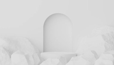 Asgari geometrik şekilleri olan soyut ekran podyumu. Model ve ürün sunumu için 3D canlandırma sahnesi. Kozmetik reklam platformu. Çeşitli basit kemer şekilleri.