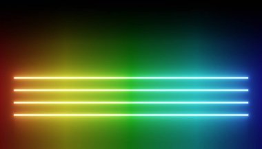Karanlık arka planda RGB neon ışığının 3 boyutlu görüntüsü. Soyut lazer hatları geceleri görünüyor. Model ve web afişi için ultraviyole ışın sahnesi.