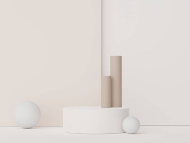 Asgari geometrik şekilleri olan soyut ekran podyumu. Model ve ürün sunumu için 3D canlandırma sahnesi. Kozmetik reklam platformu. Çeşitli basit kemer şekilleri.
