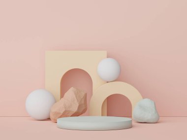 Asgari geometrik şekilleri olan soyut ekran podyumu. Model ve ürün sunumu için 3D canlandırma sahnesi. Kozmetik reklam platformu. Çeşitli basit kemer şekilleri.