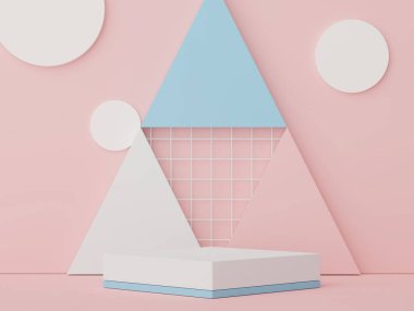 Asgari geometrik şekilleri olan soyut ekran podyumu. Model ve ürün sunumu için 3D canlandırma sahnesi. Kozmetik reklam platformu. Çeşitli basit kemer şekilleri.