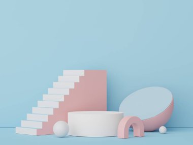Asgari geometrik şekilleri olan soyut ekran podyumu. Model ve ürün sunumu için 3D canlandırma sahnesi. Kozmetik reklam platformu. Çeşitli basit kemer şekilleri.
