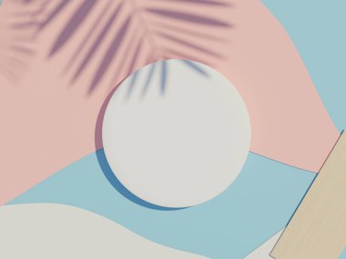 3d beyaz boş silindir çerçeve üst görünümü maket ve ürün görüntüleme palmiye yaprakları gölgeleri ve toprak ton arka plan. Yaratıcı fikir kavramı.