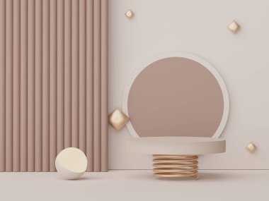 Asgari geometrik şekilleri olan soyut ekran podyumu. Model ve ürün sunumu için 3D canlandırma sahnesi. Kozmetik reklam platformu. Çeşitli basit kemer şekilleri.