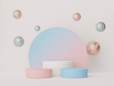 3D podyum minimum geometrik şekilli tasarım. Model ve ürün sunumu için hazırlama sahnesi.