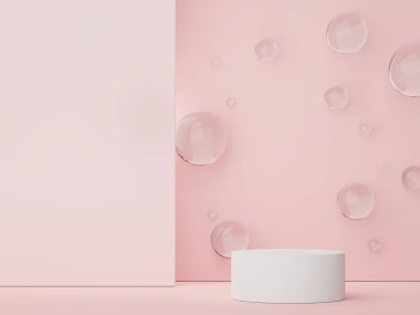 Asgari geometrik şekilleri olan soyut ekran podyumu. Model ve ürün sunumu için 3D canlandırma sahnesi. Kozmetik reklam platformu. Çeşitli basit kemer şekilleri.