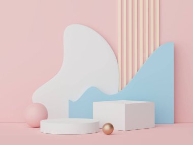 Asgari geometrik şekilleri olan soyut ekran podyumu. Model ve ürün sunumu için 3D canlandırma sahnesi. Kozmetik reklam platformu. Çeşitli basit kemer şekilleri.
