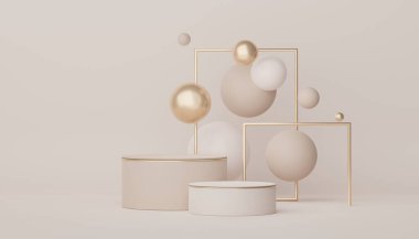 Retro modern ve çağdaş tasarımla ürün yerleştirme podyumu. Model oluşturmak ve marka göstermek için 3D görüntü oluşturuluyor. Kozmetik reklamları için kaldırım platformu.