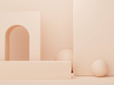 Retro modern ve çağdaş tasarımla ürün yerleştirme podyumu. Model oluşturmak ve marka göstermek için 3D görüntü oluşturuluyor. Kozmetik reklamları için kaldırım platformu.